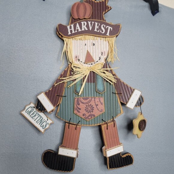 Wood Long Rich HARVEST Greetings Pumpkin Head Scarecrow 20.5 Inch Tall - Picture 1 of 7